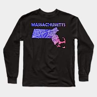 Colorful mandala art map of Massachusetts with text in blue and violet Long Sleeve T-Shirt